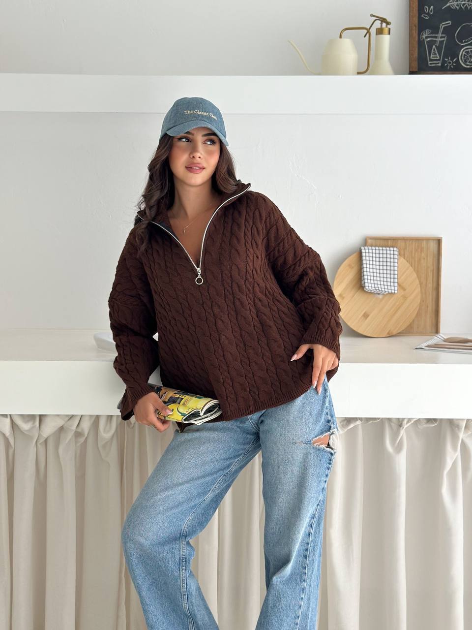 photo_2025-10-28_10-07-52 Женский Теплый Коричневый Свитер Джемпер Косичка - Свободного Кроя с Зип Воротником
