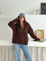 Женский Теплый Коричневый Свитер Джемпер Косичка - Свободного Кроя с Зип Воротником