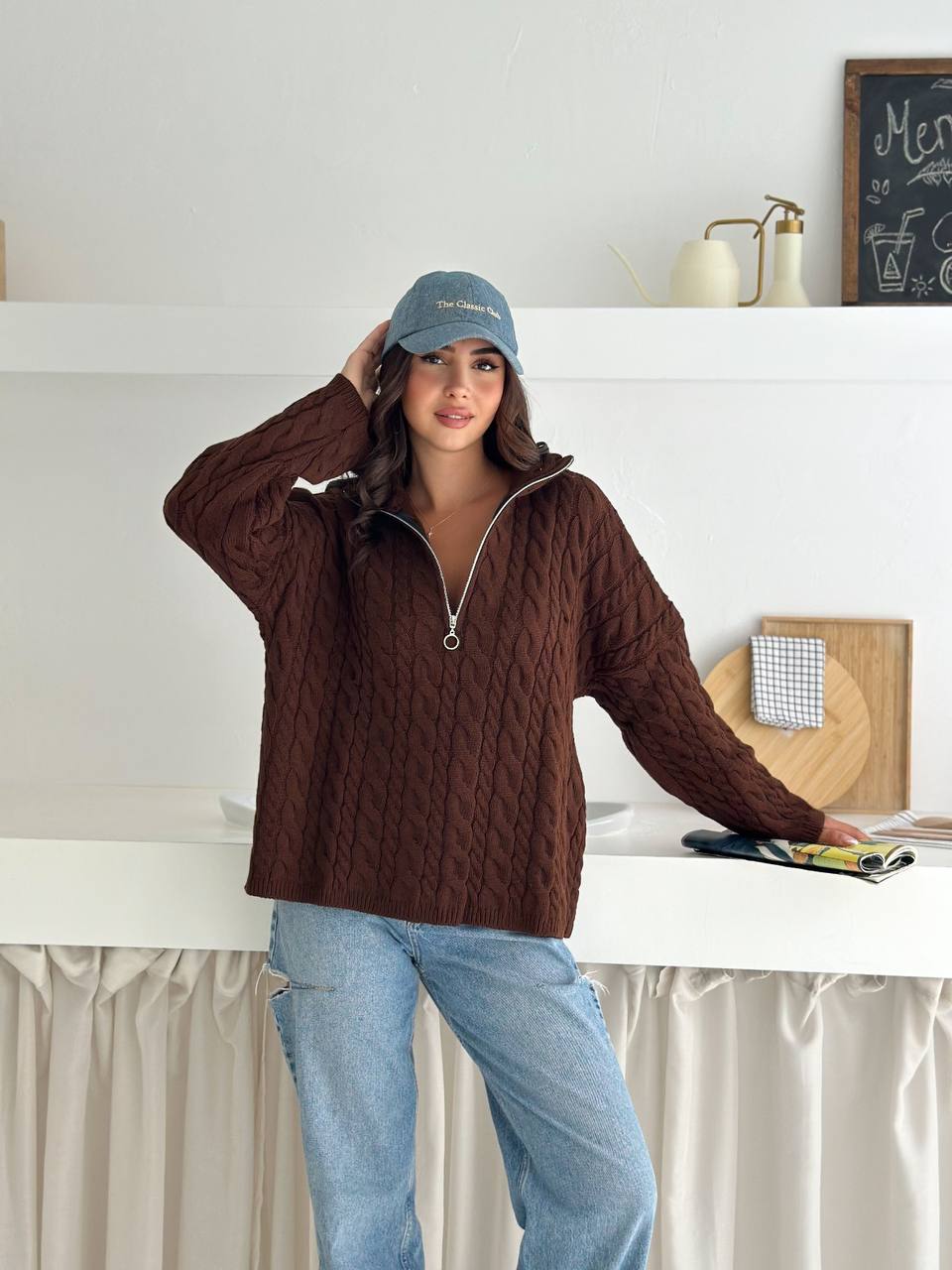 photo_2025-10-28_10-07-54 Женский Теплый Коричневый Свитер Джемпер Косичка - Свободного Кроя с Зип Воротником