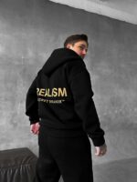 Мужской Черный Спортивный Костюм "Realism" Утепленный с Начесом на Молнии (Зипка + Штаны)