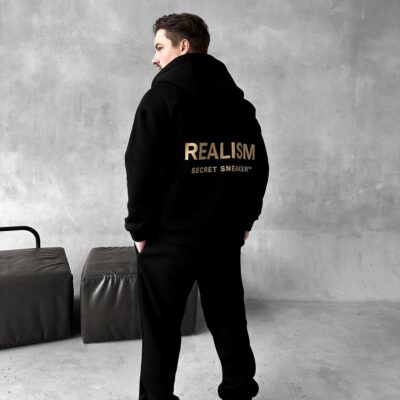 Мужской Черный Спортивный Костюм "Realism" Утепленный с Начесом на Молнии (Зипка + Штаны)