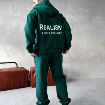 Мужской Зеленый Спортивный Костюм "Realism" Утепленный с Начесом на Молнии (Зипка + Штаны)