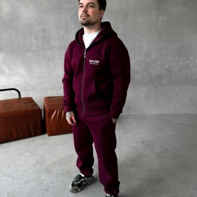 Мужской Бордовый Спортивный Костюм "Realism" Утепленный с Начесом на Молнии (Зипка + Штаны)