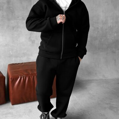 Мужской Базовый Теплый Черный Спортивный Костюм с Начесом на Молнии (Зипка + Штаны)