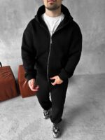 Мужской Базовый Теплый Черный Спортивный Костюм с Начесом на Молнии (Зипка + Штаны)