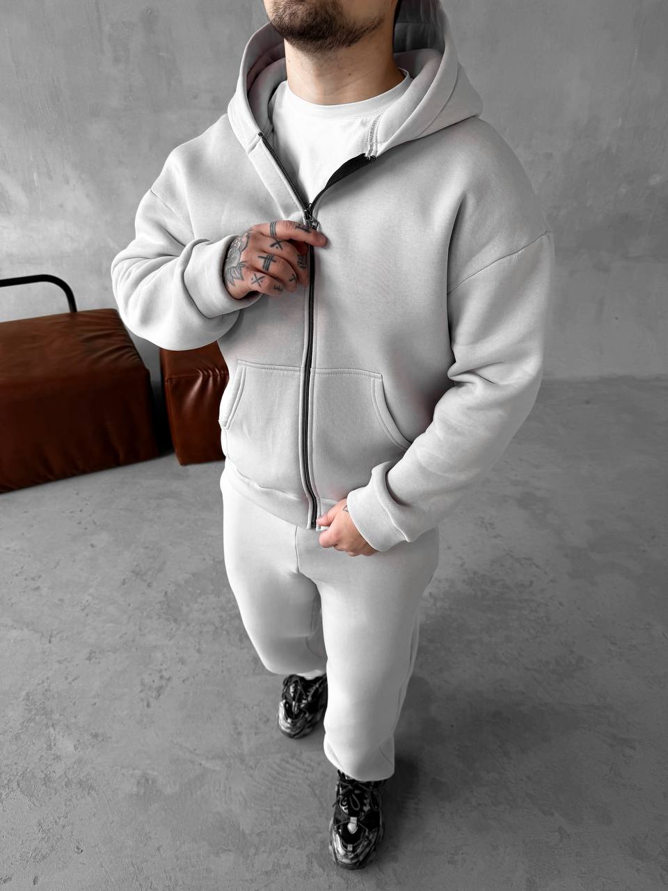 photo_2025-10-28_18-56-45 (3) Мужской Базовый Теплый Серый Спортивный Костюм с Начесом на Молнии (Зипка + Штаны)