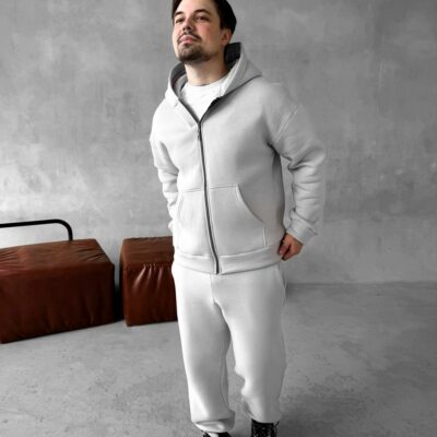 Мужской Базовый Теплый Серый Спортивный Костюм с Начесом на Молнии (Зипка + Штаны)