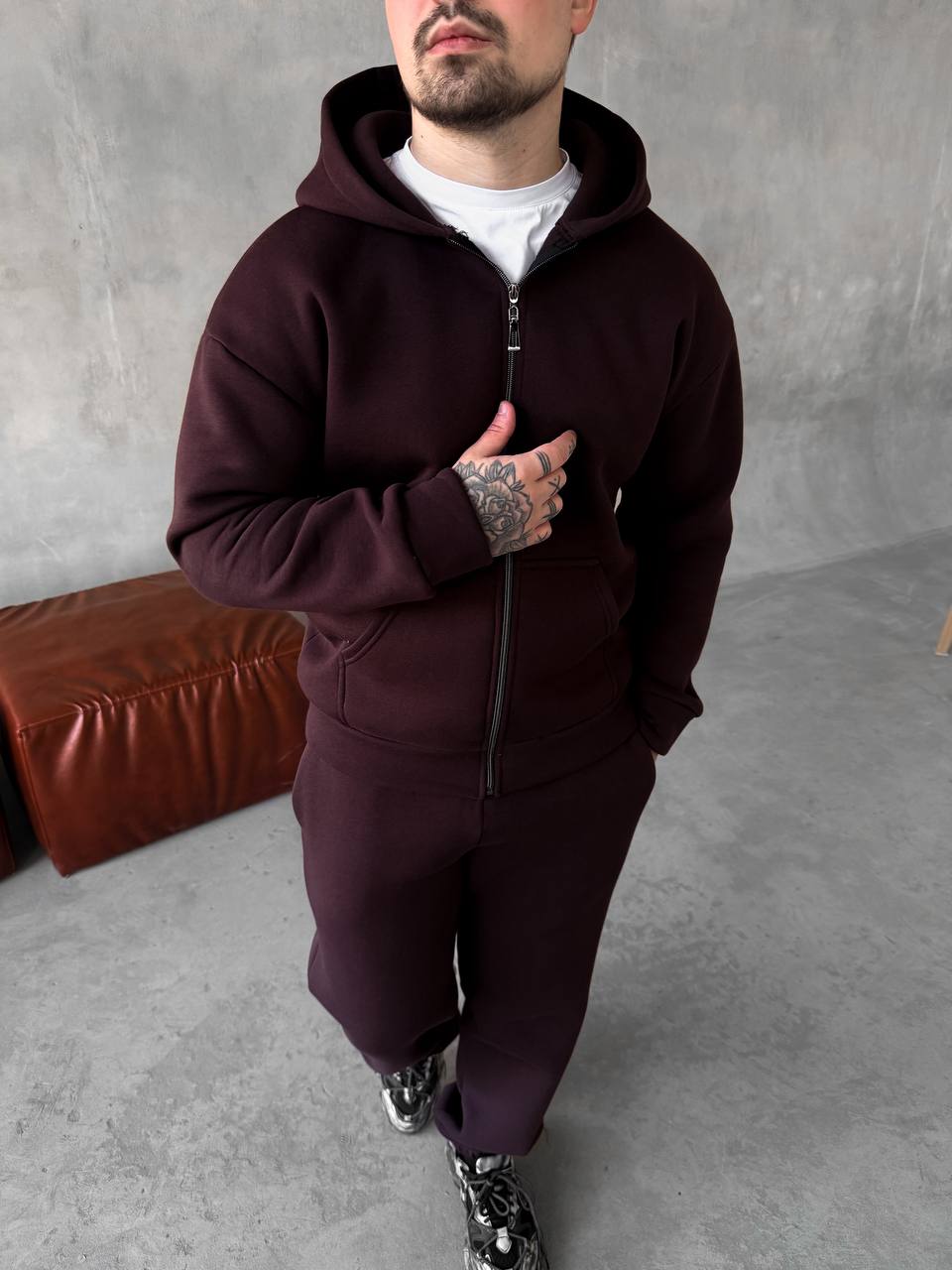 photo_2025-10-28_18-56-50 Мужской Базовый Теплый Коричневый Спортивный Костюм с Начесом на Молнии (Зипка + Штаны)