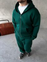 Мужской Базовый Теплый Зеленый Спортивный Костюм с Начесом на Молнии (Зипка + Штаны)