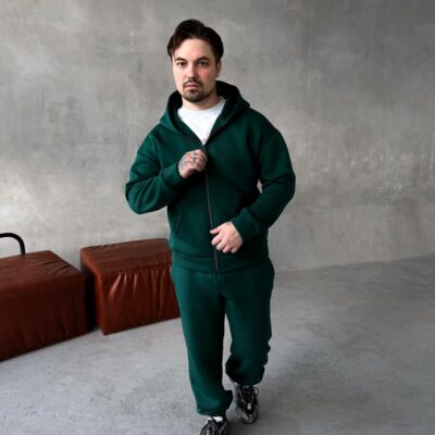 Мужской Базовый Теплый Зеленый Спортивный Костюм с Начесом на Молнии (Зипка + Штаны)