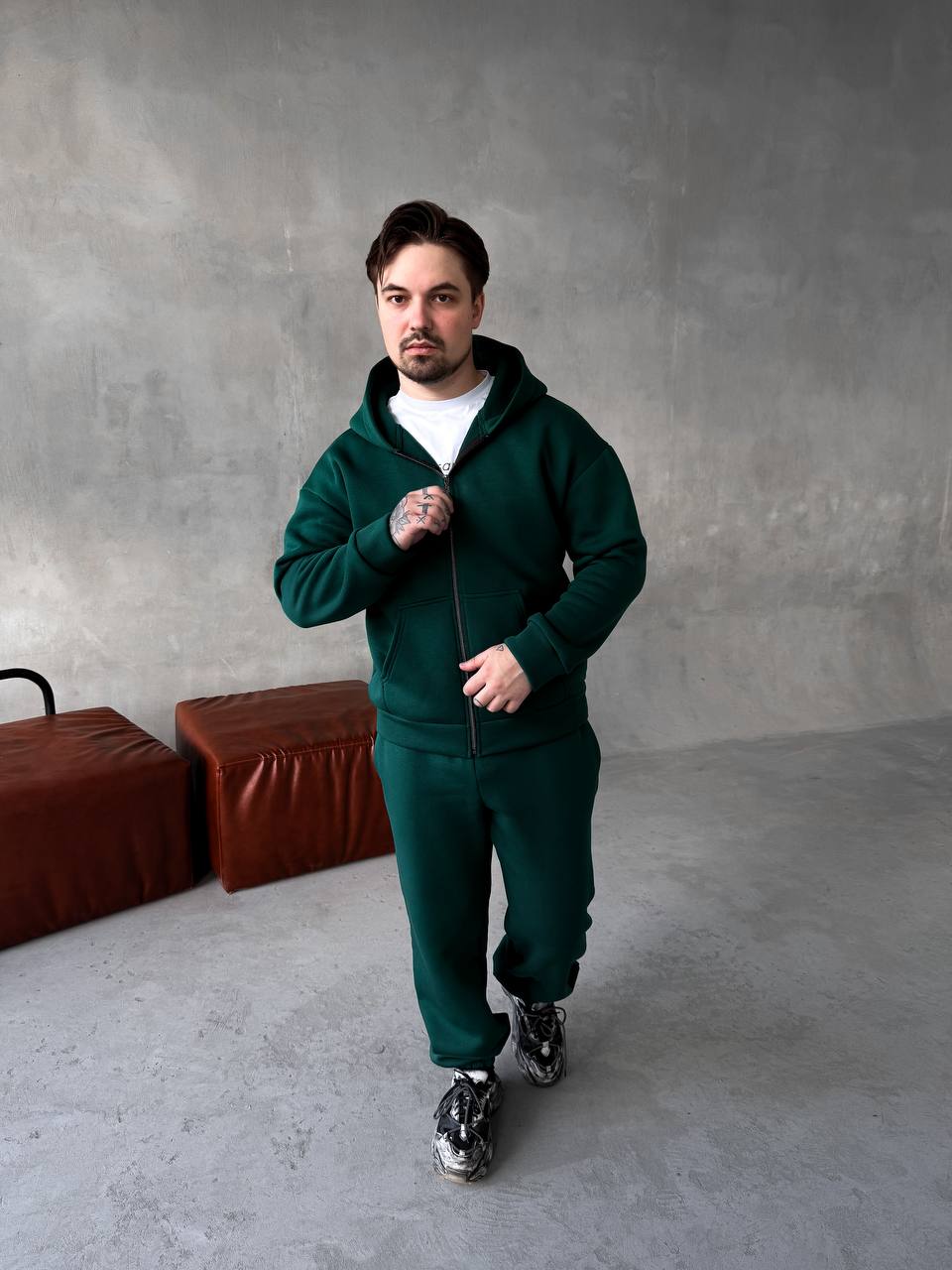 photo_2025-10-28_18-56-52 Мужской Базовый Теплый Зеленый Спортивный Костюм с Начесом на Молнии (Зипка + Штаны)