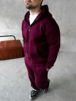 Мужской Базовый Теплый Бордовый Спортивный Костюм с Начесом на Молнии (Зипка + Штаны)
