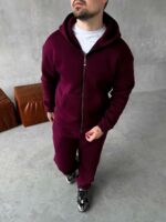 Мужской Базовый Теплый Бордовый Спортивный Костюм с Начесом на Молнии (Зипка + Штаны)