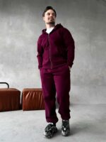 Мужской Базовый Теплый Бордовый Спортивный Костюм с Начесом на Молнии (Зипка + Штаны)