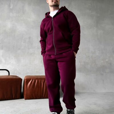 Мужской Базовый Теплый Бордовый Спортивный Костюм с Начесом на Молнии (Зипка + Штаны)