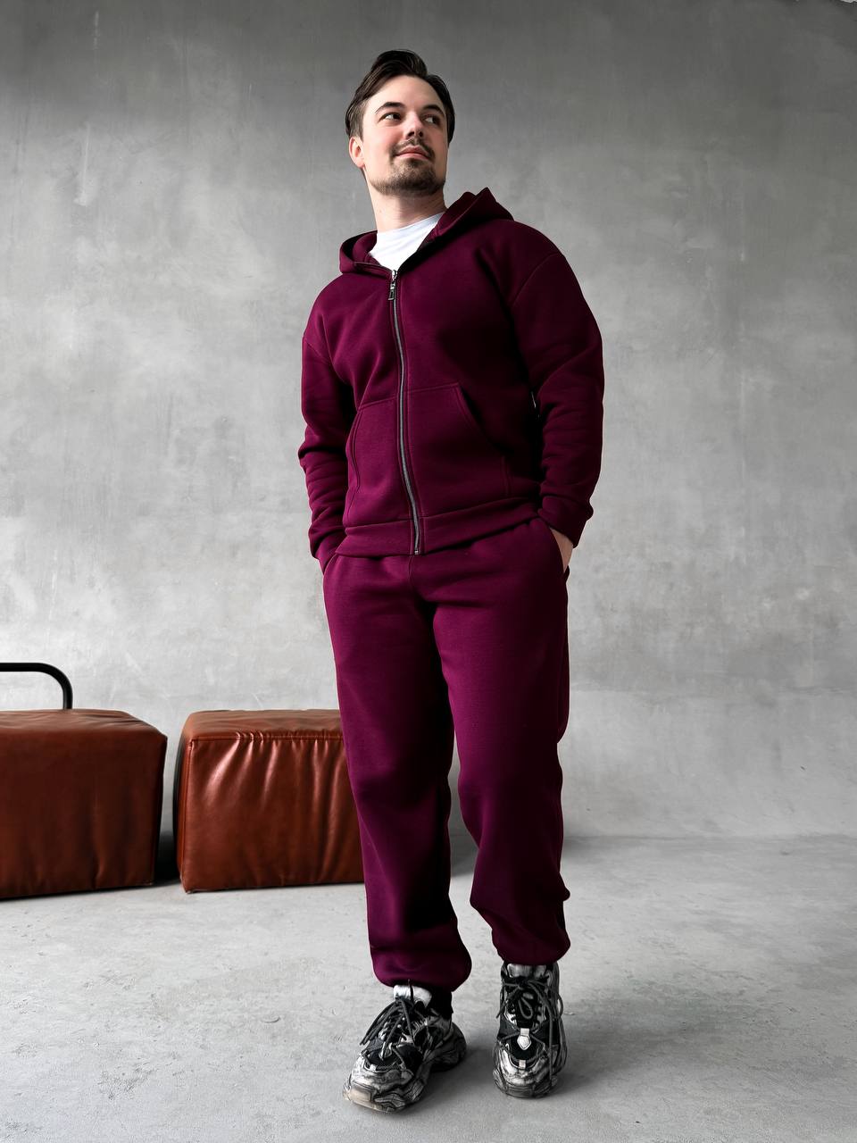 photo_2025-10-28_18-56-57 Мужской Базовый Теплый Бордовый Спортивный Костюм с Начесом на Молнии (Зипка + Штаны)