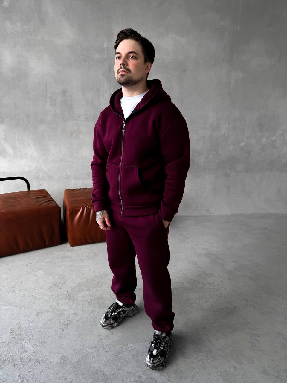 photo_2025-10-28_18-56-58 Мужской Базовый Теплый Бордовый Спортивный Костюм с Начесом на Молнии (Зипка + Штаны)
