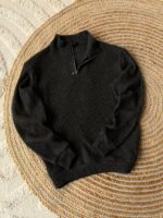 Мужской Графитовый Свитер Свободного Кроя с Замком на Воротнике Стойке