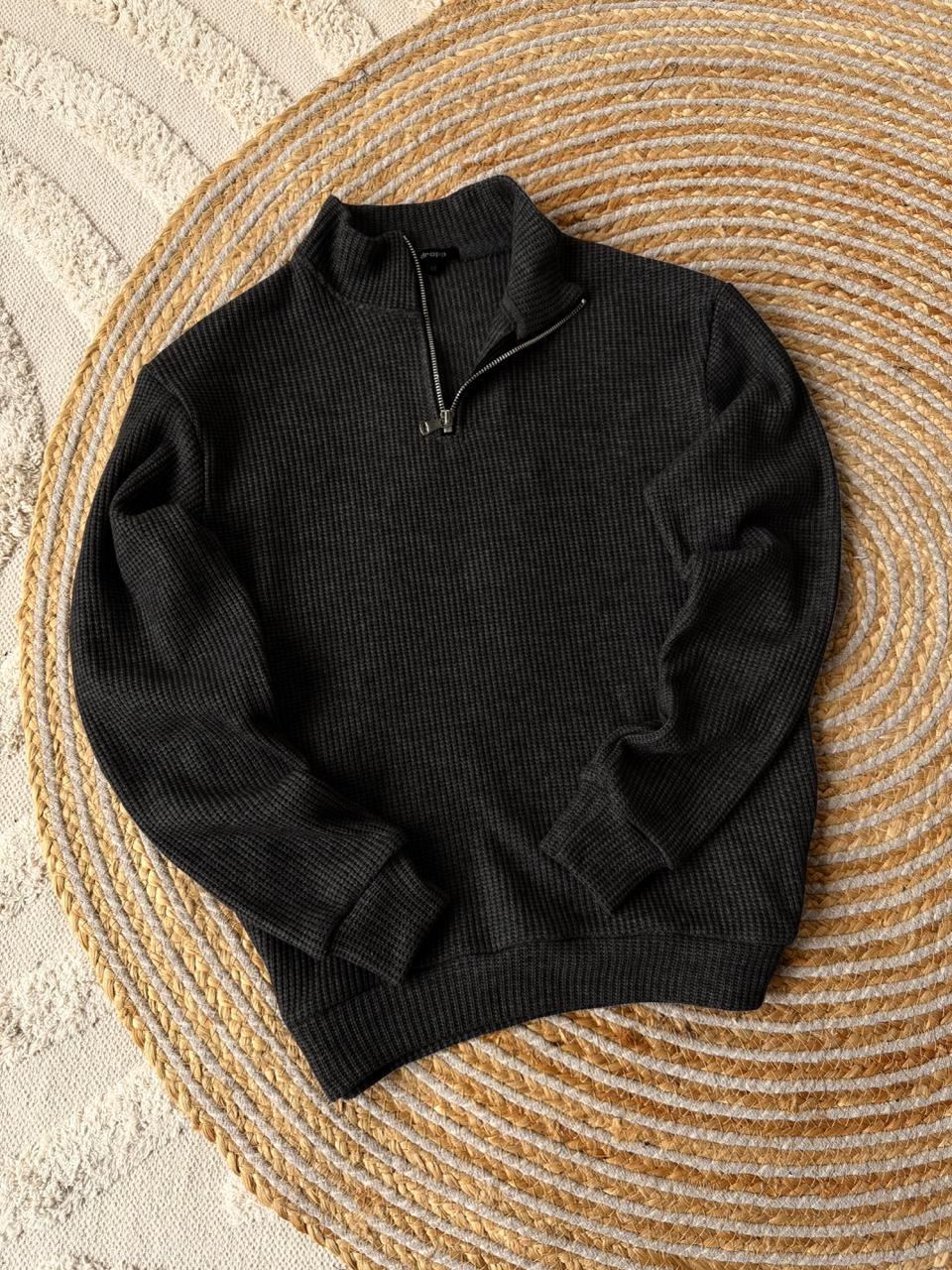 photo_2025-10-30_21-02-33 Мужской Графитовый Свитер Свободного Кроя с Замком на Воротнике Стойке