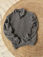 Мужской Темно-Серый Свитер Свободного Кроя с Замком на Воротнике Стойке