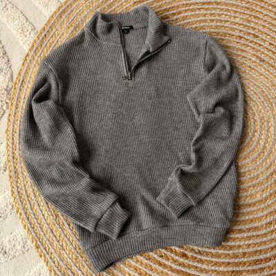 Мужской Темно-Серый Свитер Свободного Кроя с Замком на Воротнике Стойке