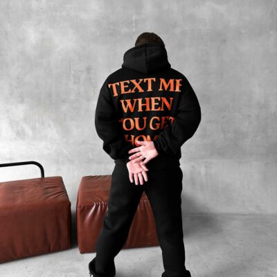 Мужской Теплый Черный Спортивный Костюм с Надписью на Спине - Толстовка Штаны с Начесом