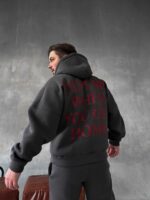 Мужской Теплый Графитовый Спортивный Костюм с Надписью на Спине - Толстовка Штаны с Начесом