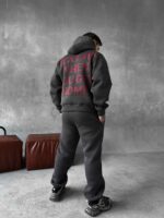 Мужской Теплый Графитовый Спортивный Костюм с Надписью на Спине - Толстовка Штаны с Начесом