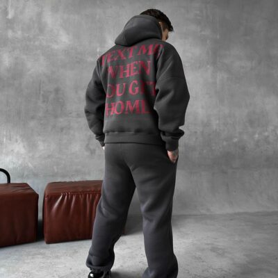 Мужской Теплый Графитовый Спортивный Костюм с Надписью на Спине - Толстовка Штаны с Начесом