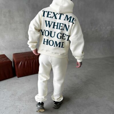 Мужской Теплый Молочный Спортивный Костюм с Надписью на Спине - Толстовка Штаны с Начесом