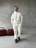 Мужской Теплый Молочный Спортивный Костюм с Надписью на Спине - Толстовка Штаны с Начесом