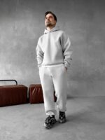 Мужской Теплый Серый Спортивный Костюм с Надписью на Спине - Толстовка Штаны с Начесом