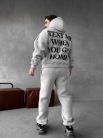 Мужской Теплый Серый Спортивный Костюм с Надписью на Спине - Толстовка Штаны с Начесом