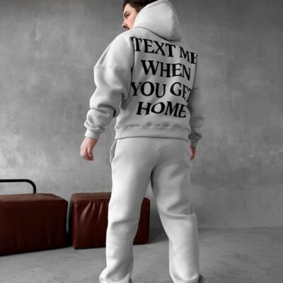 Мужской Теплый Серый Спортивный Костюм с Надписью на Спине - Толстовка Штаны с Начесом