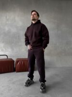 Мужской Теплый Коричневый Спортивный Костюм с Надписью на Спине - Толстовка Штаны с Начесом