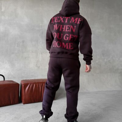 Мужской Теплый Коричневый Спортивный Костюм с Надписью на Спине - Толстовка Штаны с Начесом