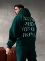 Мужской Теплый Зеленый Спортивный Костюм с Надписью на Спине - Толстовка Штаны с Начесом