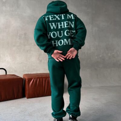 Мужской Теплый Зеленый Спортивный Костюм с Надписью на Спине - Толстовка Штаны с Начесом