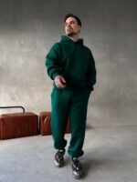 Мужской Теплый Зеленый Спортивный Костюм с Надписью на Спине - Толстовка Штаны с Начесом