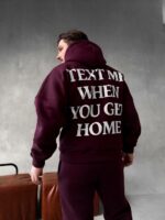 Мужской Теплый Бордовый Спортивный Костюм с Надписью на Спине - Толстовка Штаны с Начесом