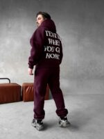 Мужской Теплый Бордовый Спортивный Костюм с Надписью на Спине - Толстовка Штаны с Начесом