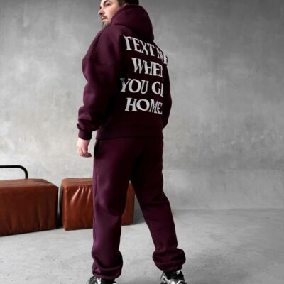 Мужской Теплый Бордовый Спортивный Костюм с Надписью на Спине - Толстовка Штаны с Начесом