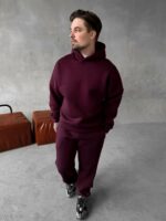 Мужской Теплый Бордовый Спортивный Костюм с Надписью на Спине - Толстовка Штаны с Начесом