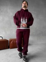 Мужской Базовый Теплый Бордовый Спортивный Костюм с Принтом – Толстовка Штаны с Начесом