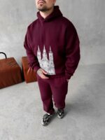 Мужской Базовый Теплый Бордовый Спортивный Костюм с Принтом – Толстовка Штаны с Начесом