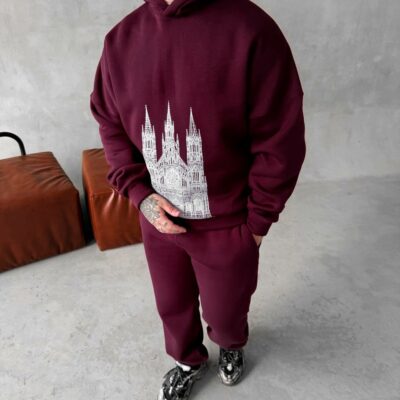 Мужской Базовый Теплый Бордовый Спортивный Костюм с Принтом – Толстовка Штаны с Начесом