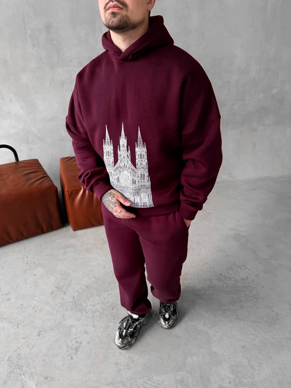 photo_2025-10-30_22-21-42 Мужской Базовый Теплый Бордовый Спортивный Костюм с Принтом – Толстовка Штаны с Начесом