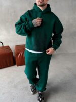 Мужской Базовый Теплый Зеленый Спортивный Костюм с Принтом – Толстовка Штаны с Начесом