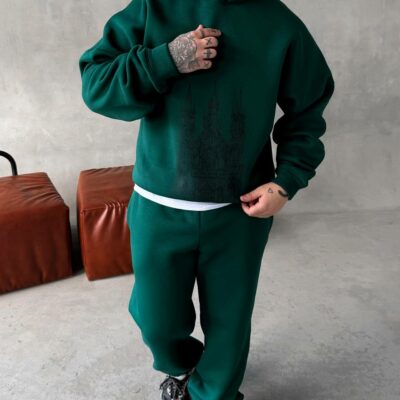 Мужской Базовый Теплый Зеленый Спортивный Костюм с Принтом – Толстовка Штаны с Начесом