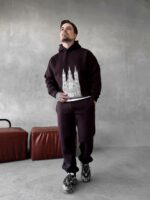 Мужской Базовый Теплый Коричневый Спортивный Костюм с Принтом – Толстовка Штаны с Начесом